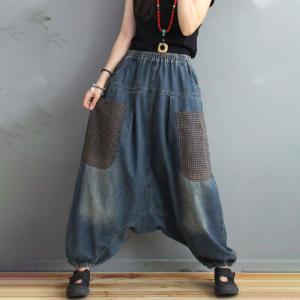 Little Plaid Pockets Denim Vest with Balloon Harem Pants