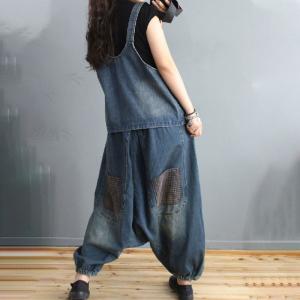 Little Plaid Pockets Denim Vest with Balloon Harem Pants