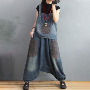 Little Plaid Pockets Denim Vest with Balloon Harem Pants