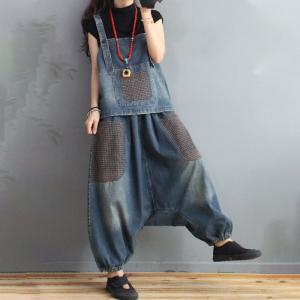 Little Plaid Pockets Denim Vest with Balloon Harem Pants