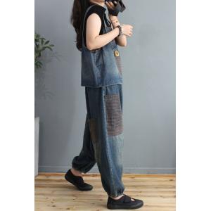 Little Plaid Pockets Denim Vest with Balloon Harem Pants