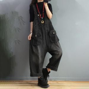 Pockets Decoration Stone Wash Overalls Womens Denim Dungarees