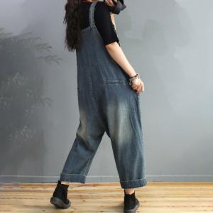 Pockets Decoration Stone Wash Overalls Womens Denim Dungarees