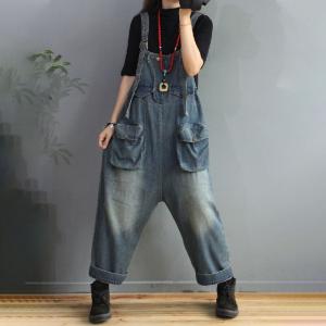 Pockets Decoration Stone Wash Overalls Womens Denim Dungarees