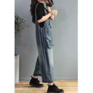 Pockets Decoration Stone Wash Overalls Womens Denim Dungarees