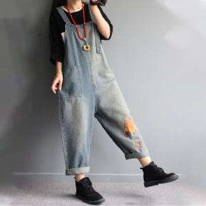 Colored Patchwork Baggy Dungarees Light Wash Bib Overalls