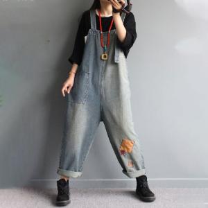 Colored Patchwork Baggy Dungarees Light Wash Bib Overalls