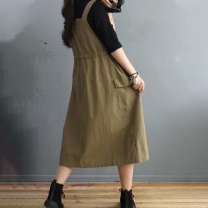 Drawstring Waist Midi Overall Dress Solid Colors Cotton Dress