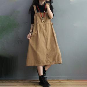 Drawstring Waist Midi Overall Dress Solid Colors Cotton Dress