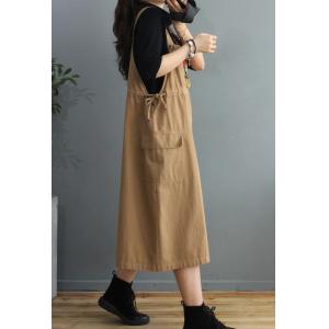 Drawstring Waist Midi Overall Dress Solid Colors Cotton Dress