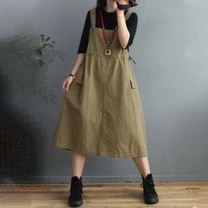 Drawstring Waist Midi Overall Dress Solid Colors Cotton Dress