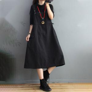 Drawstring Waist Midi Overall Dress Solid Colors Cotton Dress