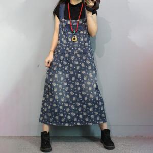 Dense Floral Blue Jean Dress A-Line Overall Dress