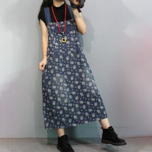 Dense Floral Blue Jean Dress A-Line Overall Dress