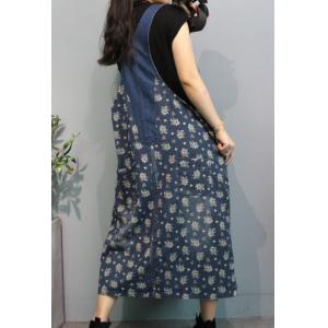 Dense Floral Blue Jean Dress A-Line Overall Dress