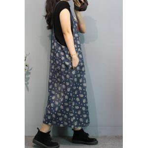 Dense Floral Blue Jean Dress A-Line Overall Dress