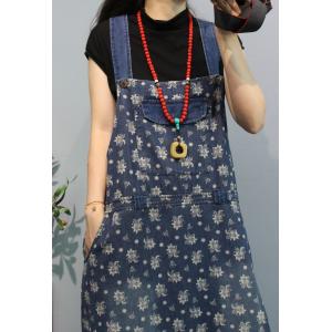 Dense Floral Blue Jean Dress A-Line Overall Dress