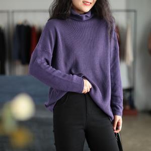 Solid Color Oversized Knit Sweater Cotton Turtleneck Sweater