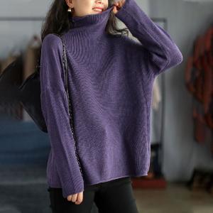 Solid Color Oversized Knit Sweater Cotton Turtleneck Sweater