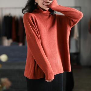 Solid Color Oversized Knit Sweater Cotton Turtleneck Sweater