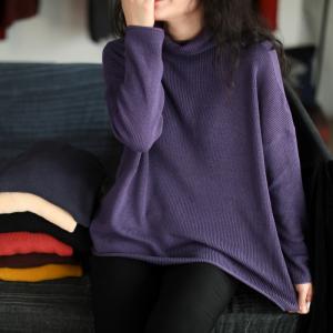 Solid Color Oversized Knit Sweater Cotton Turtleneck Sweater