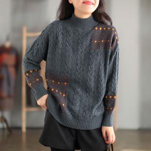 High Neck Folk Pattern Cotton Sweater Oversized Cable Knit Sweater