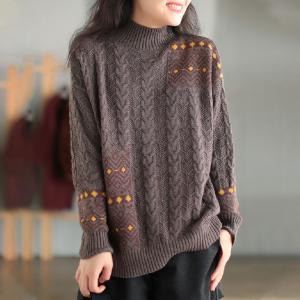 High Neck Folk Pattern Cotton Sweater Oversized Cable Knit Sweater