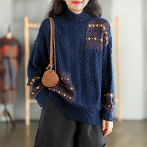 High Neck Folk Pattern Cotton Sweater Oversized Cable Knit Sweater