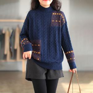 High Neck Folk Pattern Cotton Sweater Oversized Cable Knit Sweater