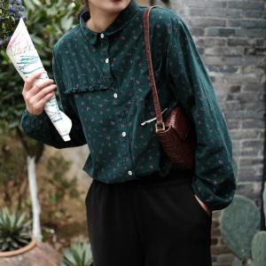 British Style Oversized Floral Blouse Puff Sleeves Corduroy Shirt