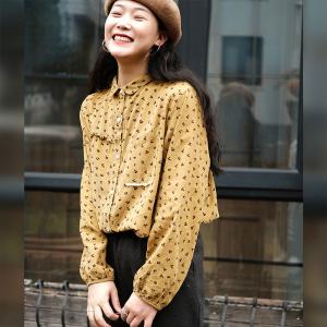 British Style Oversized Floral Blouse Puff Sleeves Corduroy Shirt