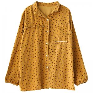 British Style Oversized Floral Blouse Puff Sleeves Corduroy Shirt