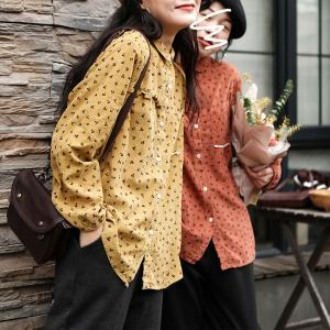 British Style Oversized Floral Blouse Puff Sleeves Corduroy Shirt