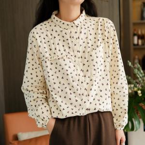 British Style Oversized Floral Blouse Puff Sleeves Corduroy Shirt