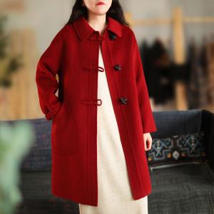 Leather Buttons Midi Overcoat Wool Tweed H-Shaped Coat