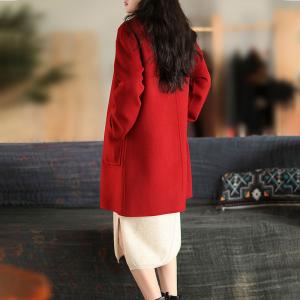 Leather Buttons Midi Overcoat Wool Tweed H-Shaped Coat