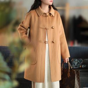 Leather Buttons Midi Overcoat Wool Tweed H-Shaped Coat