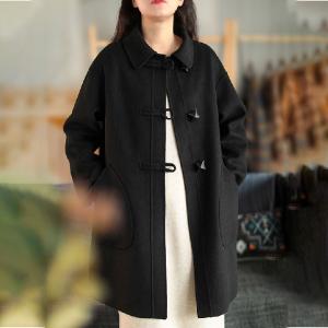 Leather Buttons Midi Overcoat Wool Tweed H-Shaped Coat