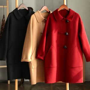 Leather Buttons Midi Overcoat Wool Tweed H-Shaped Coat