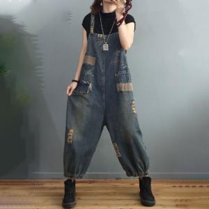 Letter Prints Ripped Overalls Baggy Denim Gardening Clothes