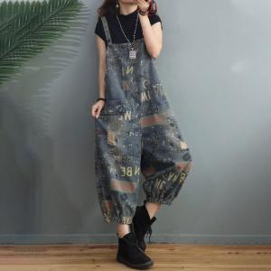 Letter Prints Ripped Overalls Baggy Denim Gardening Clothes
