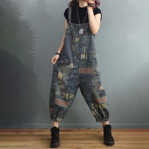 Letter Prints Ripped Overalls Baggy Denim Gardening Clothes