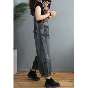 Letter Prints Ripped Overalls Baggy Denim Gardening Clothes