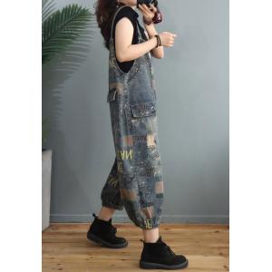 Letter Prints Ripped Overalls Baggy Denim Gardening Clothes