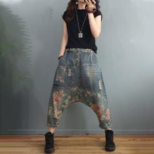 Front Buttons Floral Harem Pants Low Crotch Ripped Jeans