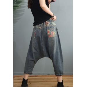 Front Buttons Floral Harem Pants Low Crotch Ripped Jeans