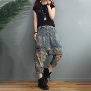 Front Buttons Floral Harem Pants Low Crotch Ripped Jeans