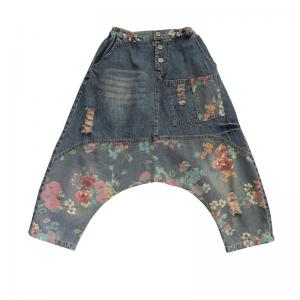 Front Buttons Floral Harem Pants Low Crotch Ripped Jeans