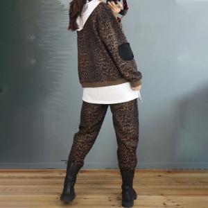 Casual Style Cotton Plus Size Sweatshirt with Leopard Tapered Pants