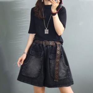 Big Pockets Baggy Jean Shorts Black Wide Leg Shorts for Women